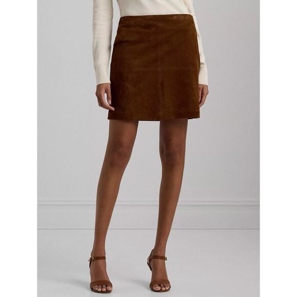 Ralph Lauren Black Labeled Goat Leather Suede Mini Skirt Chocolate Brown 10 - Picture 1 of 5